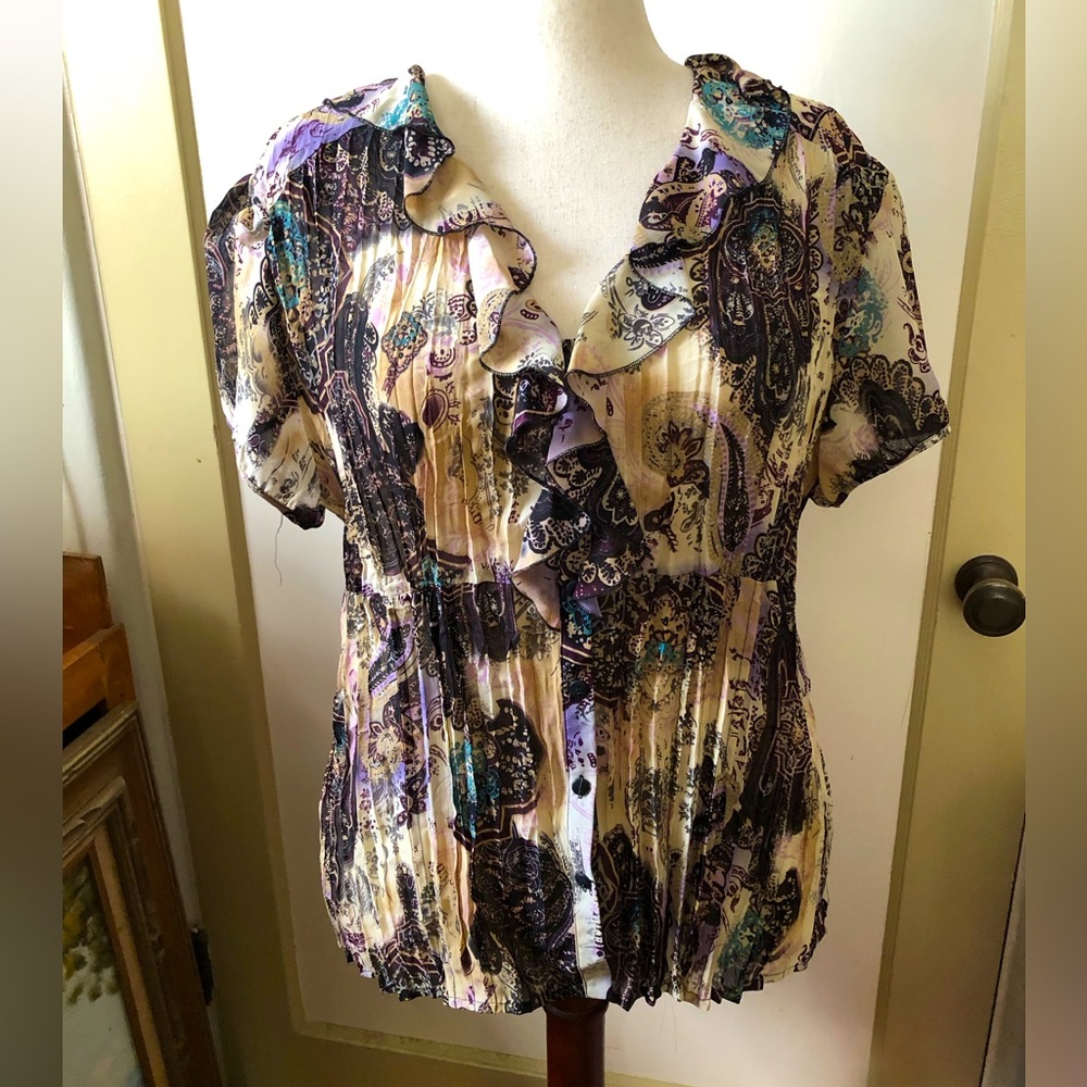 Women’s Ruffled Paisley Blouse - Cream with Browns Teal and Purple